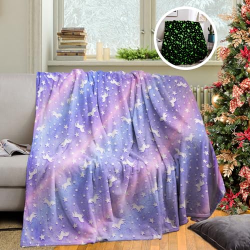 HSGLGNA Coperta per bambini, con unicorno, luce al buio, idea regalo per ragazze, super morbida e calda, coperta da letto, con unicorno, colore: rosa (Viola, 150 x 200 cm)
