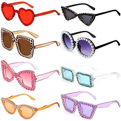 Xuhal 8 Pairs Women Rhinestone Sunglasses - Irregular Crystal Oversized Festival Sunglasses with Retro Thick Frame for Summer Disco Party