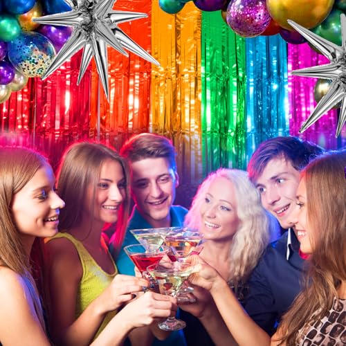 Image of 4 Packs Rainbow Foil Fringe Curtain, Assorted Color Metallic Tinsel Backdrop for Birthday, Baby Shower, Wedding, Rainbow Party Decorations Supplies