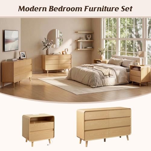 Image of Nasonet 6 Drawer Dresser for Bedroom, 47'' Wide Mid Century Modern Dressers & Chests of Drawers, Wood Storage Drawer Dressers for Hallway, Home Office, Oak