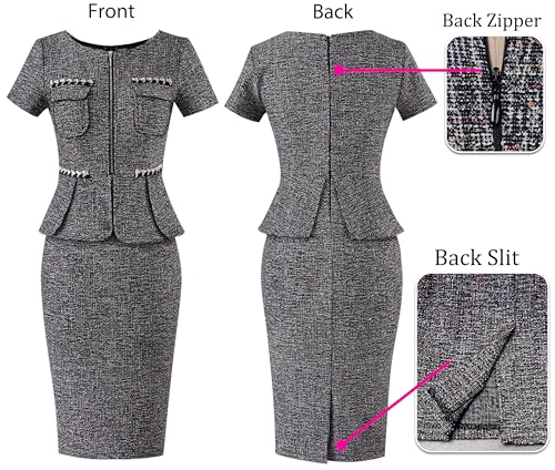 Image of VFSHOW Womens 2024 Business Work Office Peplum Crew Neck Front Zipper Pockets Sheath Bodycon Dress