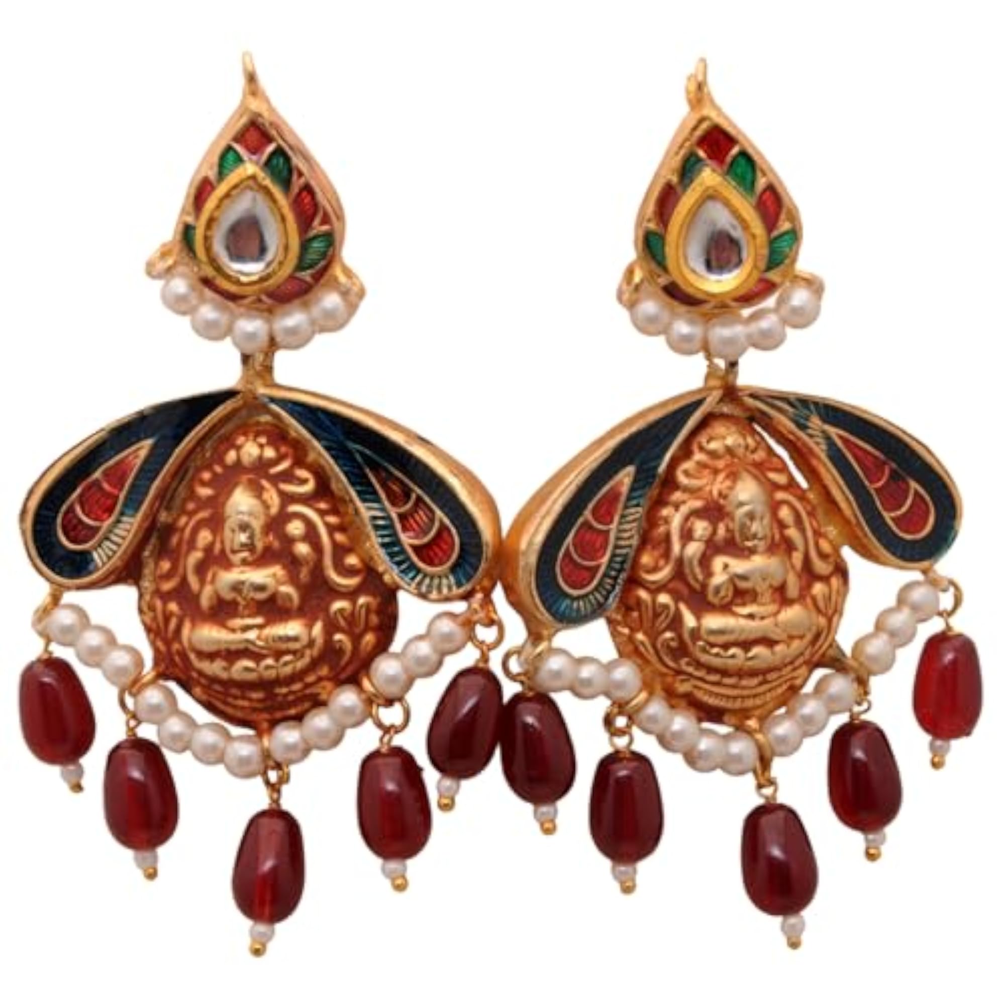 Women's Divine Goddess Lakshmi Pendant & Earring Set with Pearl & Ruby Beads