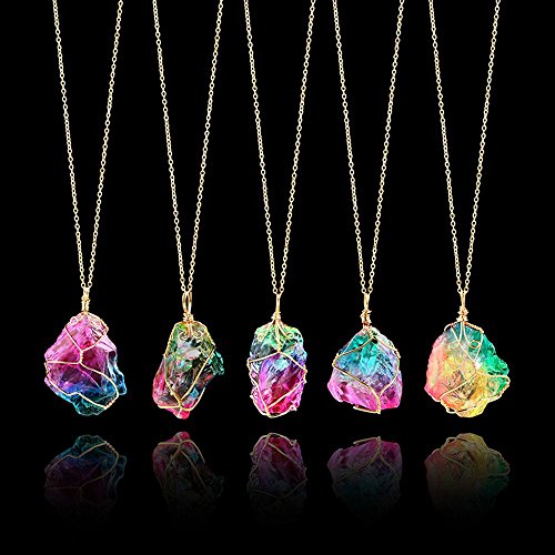 HXSCOO Regenbogen Stein Anhänger Halskette Mode Kristall Chakra Rock Halskette goldene Kette weiblicher Quarz Anhänger Halskette Schmuck Geschenk (Color : Rainbow)