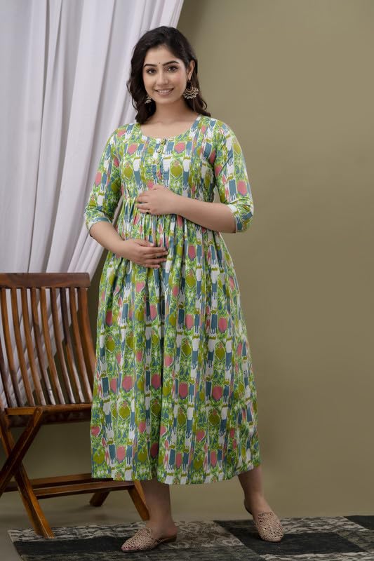 Image of JAIPURFAME Stylish Women's Pure Cotton All Over Printed Kurti Gown, Maternity Dress, and Feeding Dress - Comfortable and Elegant Maternity Wear for Women