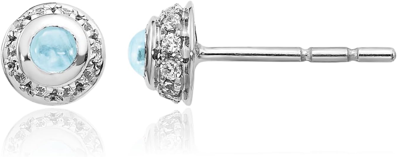 IceCarats 14K Solid White Gold 0.24 carat Blue Aquamarine Diamond Medium Stud Earrings 5mm Round Cut, Natural, Prong Set, Friction Back For Her