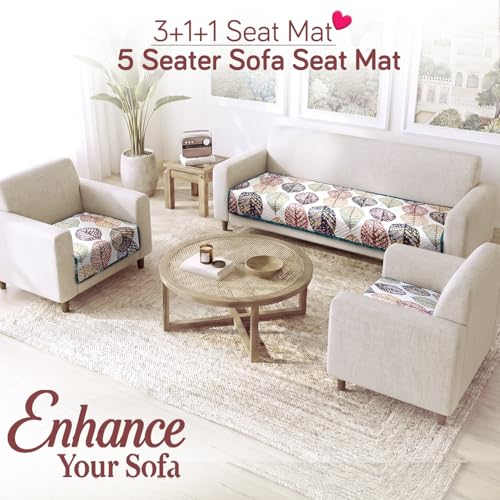 Image of HOKIPO 'Homehues Series' Printed Quilted Sofa Cover 5 Seater Set - Washable 3+1+1 Sofa Cover Mat, Multicolor Linden Leaf (IN-806 * 2 + IN-809 - D7)