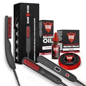 Beard Straightener for Men (Corded) – Ceramic Heated Brush Kit with Beard Oil & Unscented Beard Balm – Smooths & Styles Beards – Beard Octane