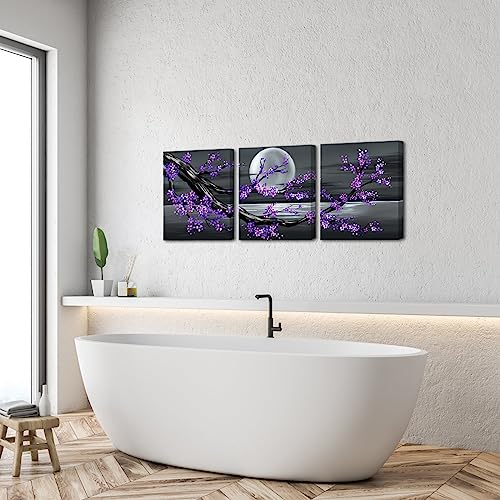 Klvos 3 Panel Framed Purple Flower Picture Full Moon Canvas Wall Art Landscape Artwork For Living Room Stretched Ready To Hang 16" W X 20" L X 3 Panel #TOP3