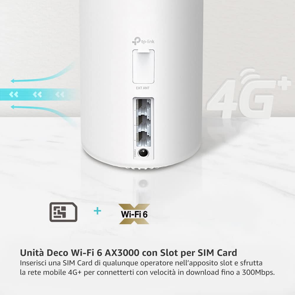 TP-Link Router 4G+ Mesh AX3000Mbps, Wi-Fi 6 Dual Band, Velocità 4G+ Cat 6, Slot per Scheda SIM Nano, 3 Porte Gigabit, Mesh, HomeShield, Compatible con Alexa, Deco X50-4G(1-Pack)