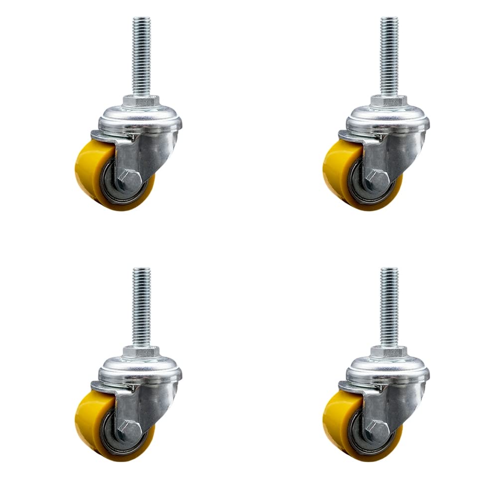 Low Profile Polyurethane Swivel Threaded Stem Caster Set of 4 w/35mm x 27mm Yellow Wheels and 10mm Stem - 880 lbs Total Capacity - Service Caster Brand