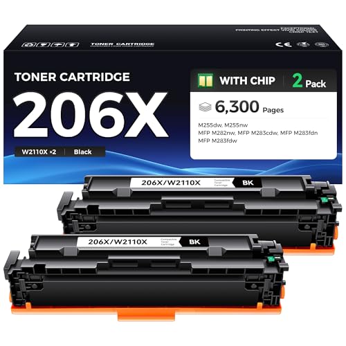 Image of 206X Black Toner Cartridge 2-Pack High Yield Replacement for HP 206X W2110X 206A W2110A Toner Compatible with Color LaserJet Pro MFP M283cdw M283fdn M283fdw M282nw M255dw M255nw Printer Ink All-in-One