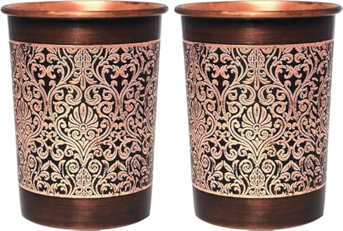 ANCIENTIMPEX Juego de 2 vasos de cobre, patrón floral, capacidad de 300 ml para beneficios de salud ayurveda