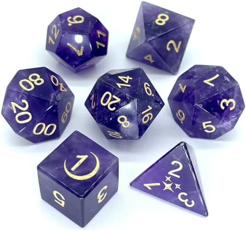 Truewon Stone Dice Set of 7 Handmade Dice for RPG DND Made by Natural Gemstones. (Amethyst Moon Stars Selected) - 2