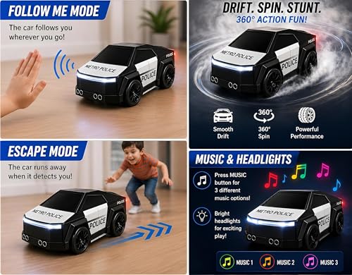 Image of Smart RC Police Car for Kids with Mist Spray, Drift & 360 Spin, Follow Me & Escape Mode, LED Lights, 3 Music Modes, USB Type-C Rechargeable Remote Control Toy Car Gift for Boys & Girls