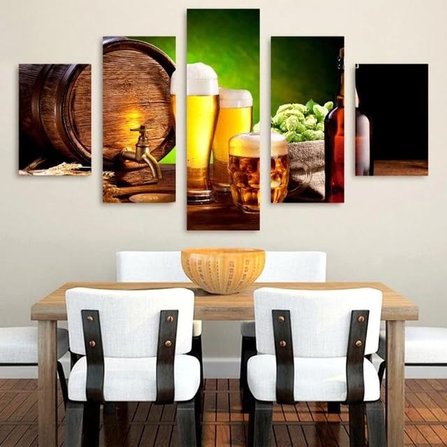 Tableau Cuisine Bière en 5 Parties - Décoration Murale Bar et Salon avec Cadre