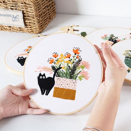 Image of KEKEMEOW 3 Sets Embroidery Kit for Beginners, Stitches with Black Cat and Flowers, Embroidery Stitch Practice kit for Adults Craft Lover, Needlepoint Hand Embroidery Kit with Pattern、Instruction、Hoop