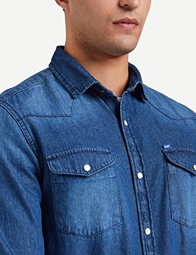 Image of Amazon Brand - Symbol Men's Cotton Slim Fit Denim Shirt | Casual | Plain | Full Sleeve | Summer (Available in Plus Sizes)