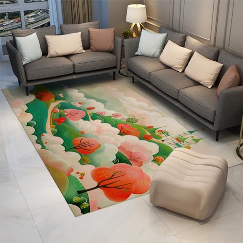 Tapis vert chemin de montagne dessin animé grand format lavable en machine - 3