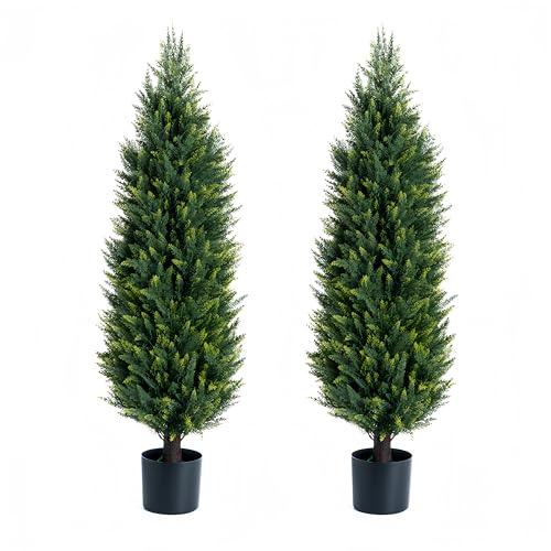Artificial Cedar Tree, 3.4-Foot Outdoor Artificial UV Protected Shrub Potted Plant, Lifelike Fake Pruned Cypress Tree, 2 Pack of Artificial Shrub Plants for Decorating Indoors or Outdoors (40 inches)