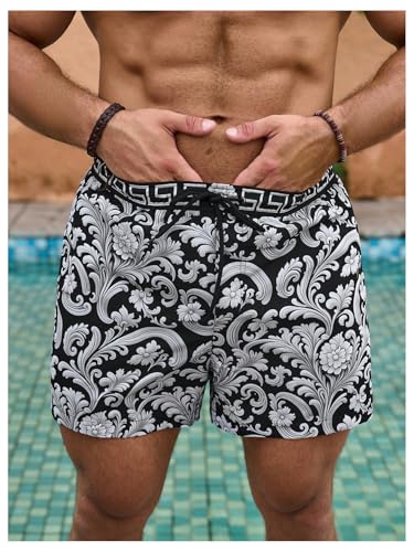 OYOANGLE Men's Boho Paisley Print Drawstring Waist Beach Shorts Summer Swim Trunks with Pocket3