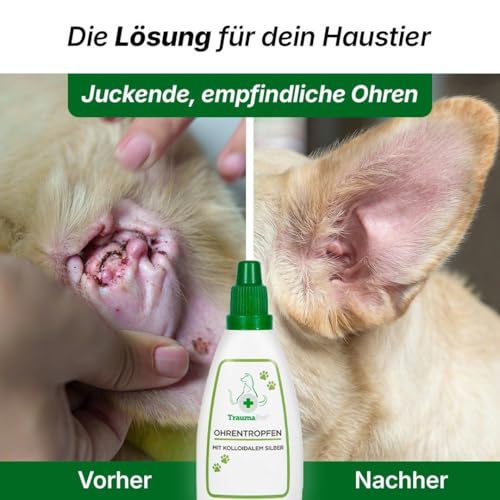 TraumaPet Ohrentropfen für Hunde & Katzen 50 ml | Ohrenreiniger mit kolloidalem Silber | Zur Pflege bei Ohrmilben, Hefepilzen & gereizten Ohren | Unterstützt bei Juckreiz, Rötungen & Geruch