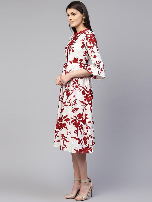 Image of RANGMAYEE Women White and Maroon Printed A-Line Midi Dress