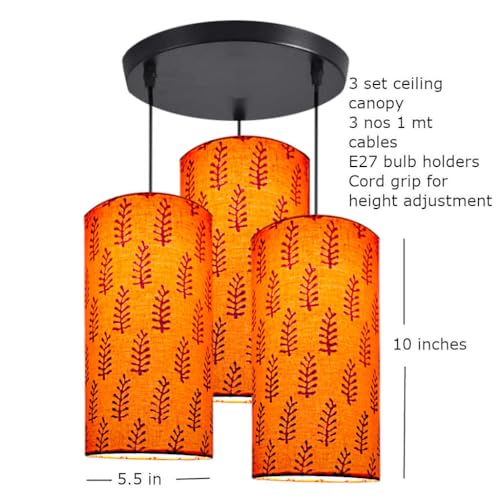 Image of Hanging Light Set of 3 | Dining Table Hanging Lights for Ceiling | Cylinder Pendant Cluster Lamps | Printed Fabric lamp Shades (Circular Arrangement - Orange Grove Fabric)