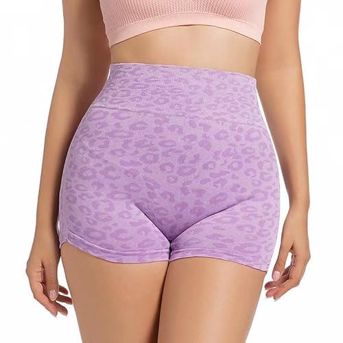 ZERAOKE Women’S Soft Stretch High Waist Leopard Print Compression Workout Shorts for Biker Yoga Running Exercise-Light Purple-L
