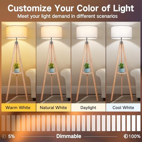 OUTON Dimmable Wood Tripod Floor Lamp with Shelves, Remote Control, Mid Century Modern Standing Lamp 58.5 for Bedroom, Living Room, and Office, Flaxen Lamp Shade Include E26 9W Bulb