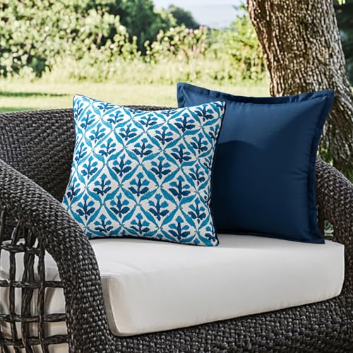 Image of MIULEE Pack of 2 Decorative Outdoor Waterproof Throw Pillow Covers Flower Print Chic Boho Accent Pillow Covers for Square Garden Patio Cushion 18x18 Inch, Navy Blue