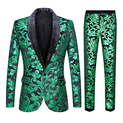 CARFFIV Ensemble 2 pièces Tendance pour Homme Motif Floral et Paillettes (XXL, Green)