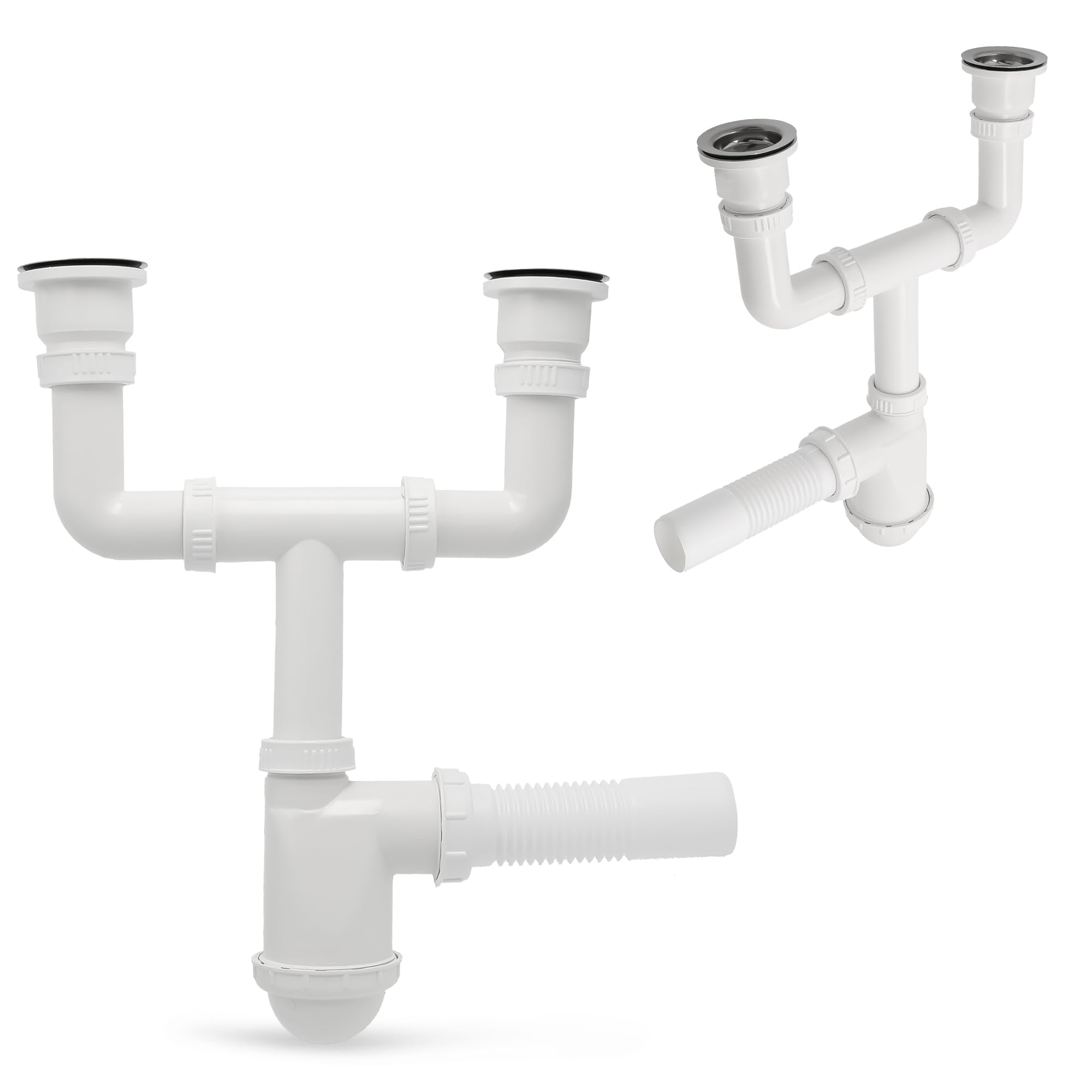 Sifón doble de 50 mm para lavabo doble con colador de desagüe, colador de metal y tapón para fregadero, sifón para fregadero, accesorios para baño, fregadero de cocina, tubo de desagüe