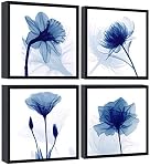 Pyradecor Black Framed Blue Flickering Flower Modern Abstract Paintings Canvas Wall Art Grace Floral Pictures on Canvas Prints 4 Panels Artwork for Bedroom Office Home Decorations AH4073-3030BF