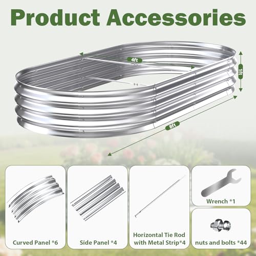 Image of Galvanized Raised Garden Bed Outdoor, 8x4x1ft Metal Heavy Duty Planter Boxes for Gardening, Easy Assemble Large Oval Plant Container Kit for Vegetables, Flowers, Fruits, Silver, 1 Pack