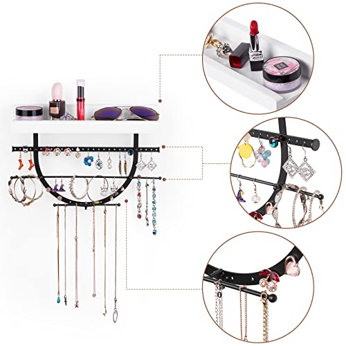 Szqinji Hanging Jewelry Organizers Wall Mounted 2 Pack With Solid Wood Shelf Display, Large Storage Wall Jewelry Holder Display For Necklaces Earrings Rings Bracelets White #TOP4