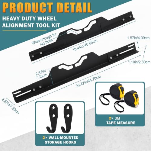 Image of 2PCS Wheel Alignment Tools, with 2 Measuring Tapes and 2 Wall-Mounted Storage Hooks, Accurate Camber Toe Alignment Measurements Plates Kit (Black Upgraded)