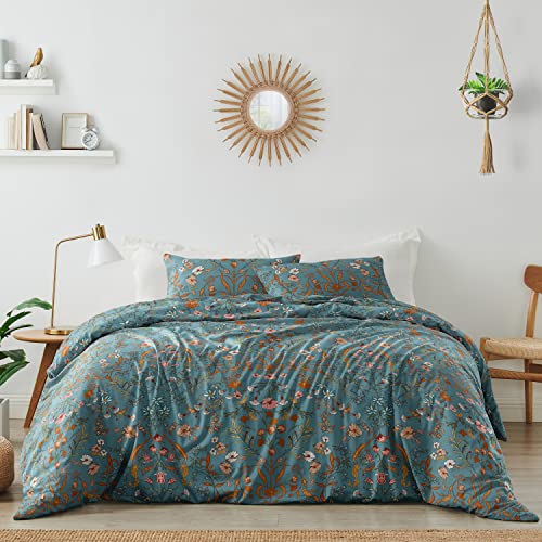 Image of Boho Bohemian Farmhouse Teal Blue and Orange Wildflower Garden Floral Duvet Comforter Cover and Sham 3 pc King Size Bed Bedding Set Bedroom Flower Botanical Cottagecore Patterned Vintage Turquoise