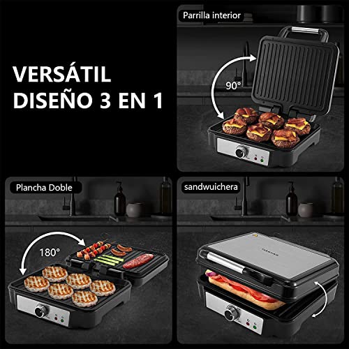 Tiastar Plancha Grill Doble 1800W - Placas Antiadherentes - Apertura 180º - Acero Inoxidable