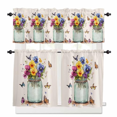 Butterfly Flower Kitchen Curtains 36 Inch Length,3 Piece Rod Pocket Small Half Tiers and Valance Set,Retro Purple Blue Yellow Bottle Floral Small Large Window Treatment Decor for Bedroom/Bathroom