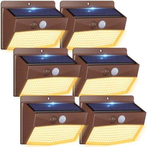 Peasur [6 Packs Solar Outdoor Lights Motion Sensor Solar Security Lights Waterproof with 3 Lighting Modes Solar Powered Wall Lights Outside for Garden Fence Yard Deck, Brown Warm