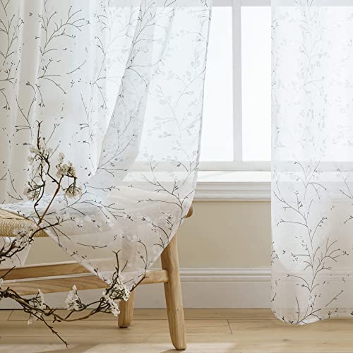 EMEMA Rideau Voilage à Motif Fleurs du Prunier Semi-Transparent en Voile Perforés Confortable Rideau de Dentelle Salon Cuisine Maison Decoration 2 Panneaux 140x225cm Noir