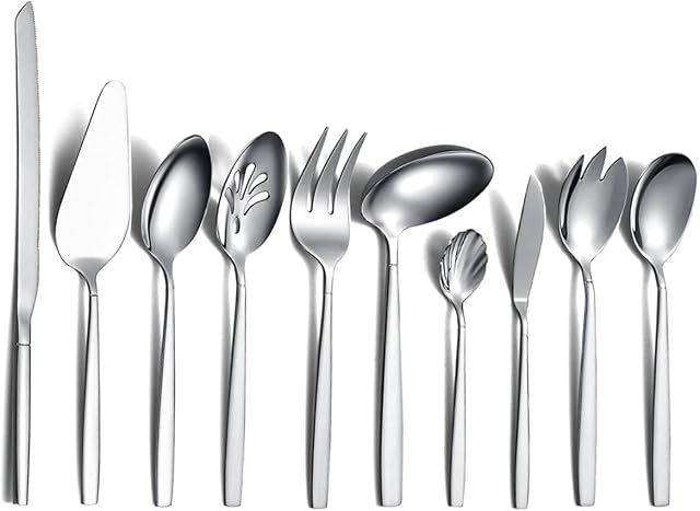 Amazon Brand - Eono Cutlery Serving Set 10 Pieces, Stainless Steel Serving Spoon, Silverware Serving Utensil, Cake Server, Butter Spreader, Slotted Spoon, Serving Fork, Cake Knife, Ladle ect.