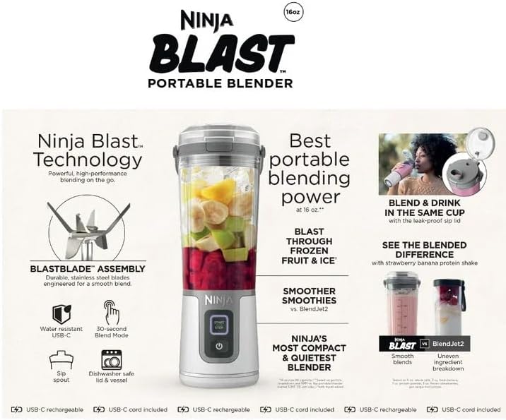 Miniatura 8 de Ninja Blast - Licuadora portátil personal de 16 onzas, color blanco (BC100WH) - Recargable USB-C, tapa fácil de sorber a prueba de fugas, tecnología