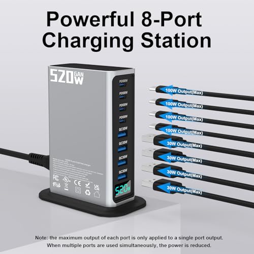 520W GaN III USB C Charging Station, 8-Port Charger Hub 4x100W+4x30W, PPS PD3.0 Fast Charging for MacBook iPhone Samsung Dell Steam Deck - 5ft Cord + 100W Cable — view 3