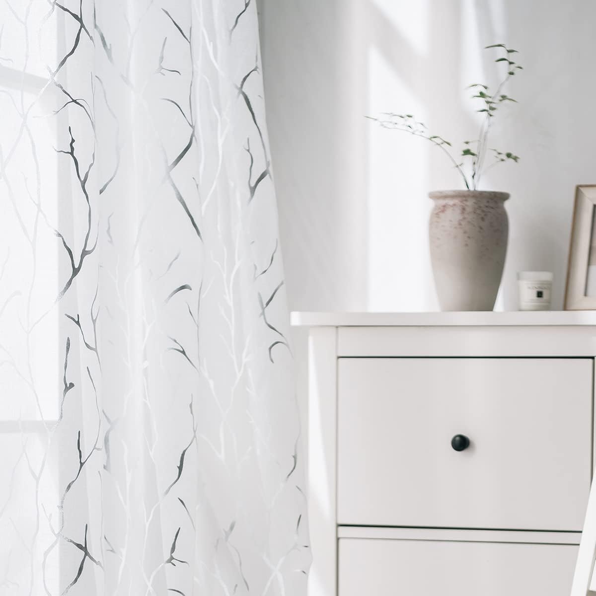 Kotile Silver White Sheer Curtains 63 Inch Length 2 Panels Metallic Silver Foil Branch White Sheer Curtains for Bedroom, Grommet Privacy Curtain 2 Panels, 52 x 63 Inch, 1 Pair, Silver and White