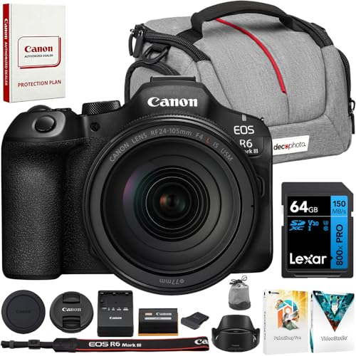 Canon EOS R6 Mark III Mirrorless Camera with RF24-105mm F4 L is USM Lens 7084C010 Bundle w/Lexar Premium PRO Blue Series 64GB SDXC Memory Card + Deco Essentials Camera Bag + Corel Photo Video Suite