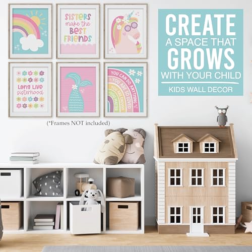 Image of Hadley Designs 6 Colorful Girls Room Wall Art - Mermaid Girls Room Decor for Bedroom, Aesthetic Nursery or Teen Bedroom Art, Unframed Cute Rainbow & Unicorn Posters for Kids' Space, Made in USA