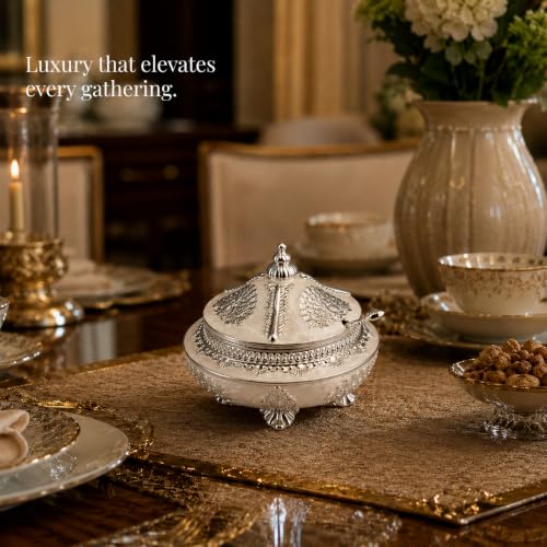 Image of Diviniti Silver Plated Peacock Sugar Pot with Lid | Decorative Storage Jar for Sugar, Mouth Fresheners & Small Items | Luxury Home Decor Piece for Kitchen, Dining Table & Gifting (White Finish)