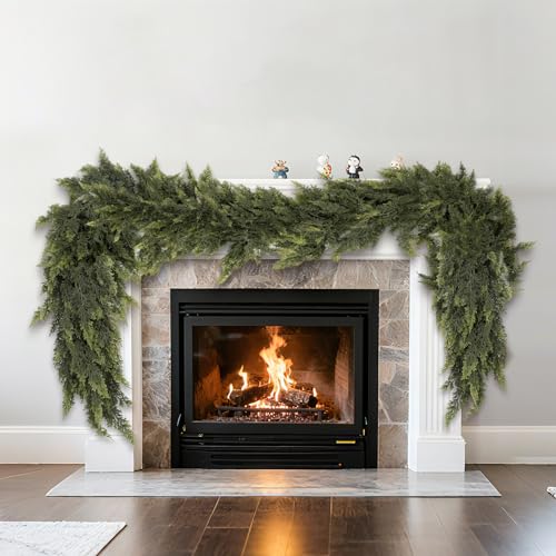 6 FT Artificial Cedar Garlands Real Touch Winter Cedar Pine Garland Artificial Green Faux Cedar Pine Garland for Fireplace Mantle Fireplace Indoor Outdoor Holiday Party Home Decoration (1 6FT)