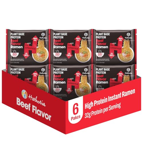 Hethstia Instant Ramen Spicy Beef Flavor – 6 Pack Plant-Based High-Protein Noodle Meal, 32g Protein, Vegan, Non-GMO, Low Fat, Air-Dried, Non-Fried, Healthy Spicy Ramen Soup